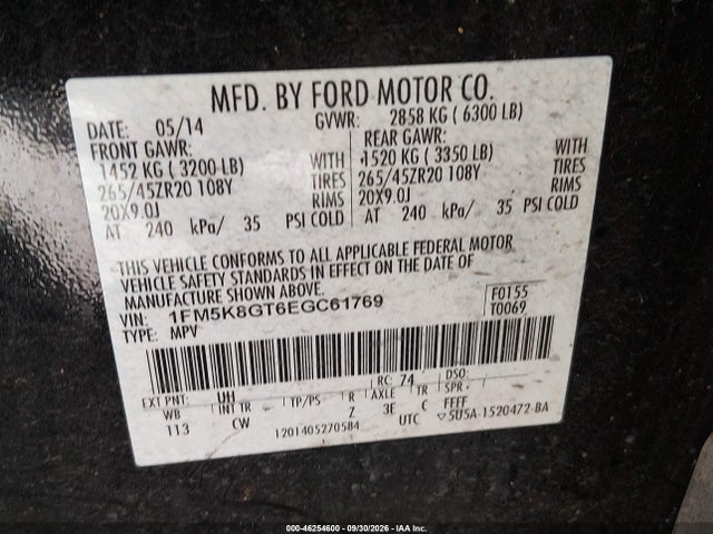 46254600 :رقم المزاد ، 1FM5K8GT6EGC61769 vin ، 2014 Ford Explorer Sport مزاد بيع