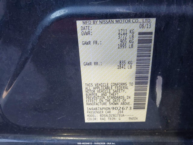 46254612 :رقم المزاد ، 1N4AB7APXDN902673 vin ، 2013 Nissan Sentra Sv مزاد بيع