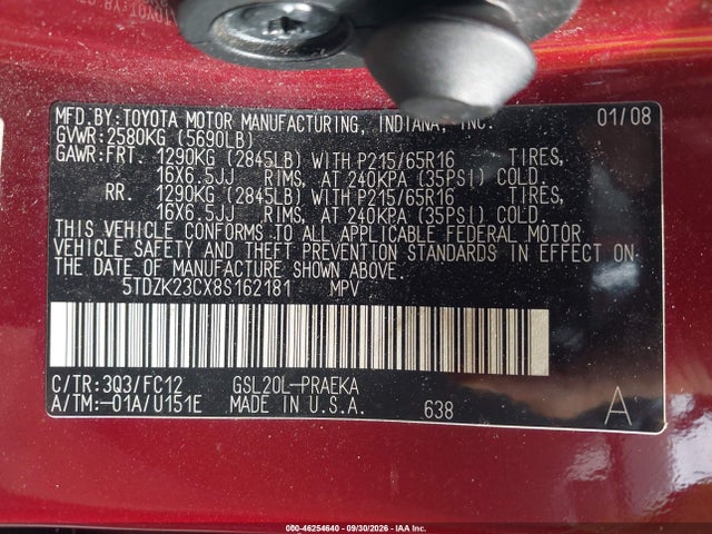 46254640 :رقم المزاد ، 5TDZK23CX8S162181 vin ، 2008 Toyota Sienna Le مزاد بيع