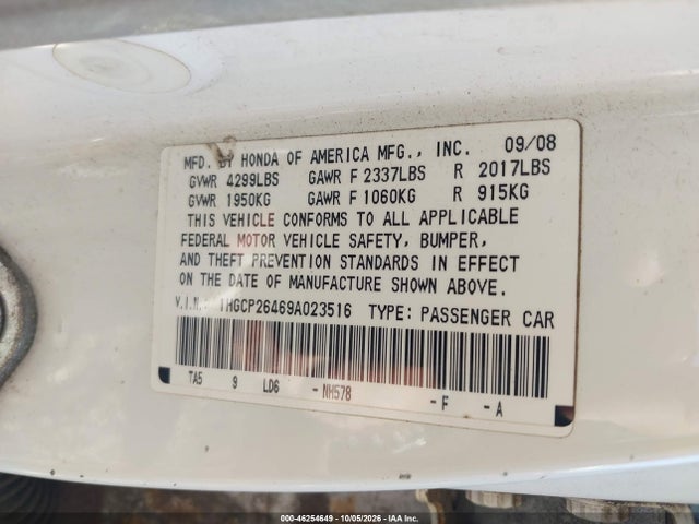 Aukcja sprzedaży 2009 Honda Accord 2.4 Lx-p, vin: 1HGCP26469A023516, numer aukcji: 46254649