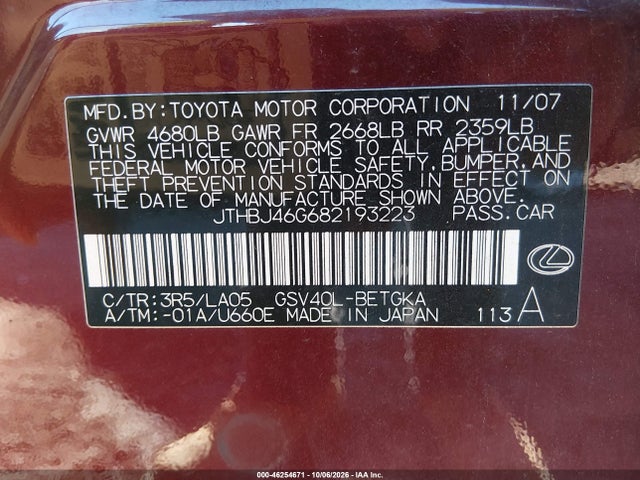 Продаж на аукціоні авто 2008 Lexus Es 350, vin: JTHBJ46G682193223, номер лоту: 46254671