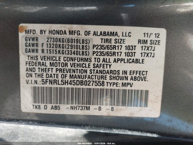 46254683 :رقم المزاد ، 5FNRL5H45DB027558 vin ، 2013 Honda Odyssey Ex مزاد بيع