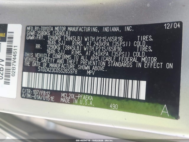 2005 Toyota Sienna Le მანქანა იყიდება აუქციონზე, vin: 5TDZA23C05S265978, აუქციონის ნომერი: 46254716