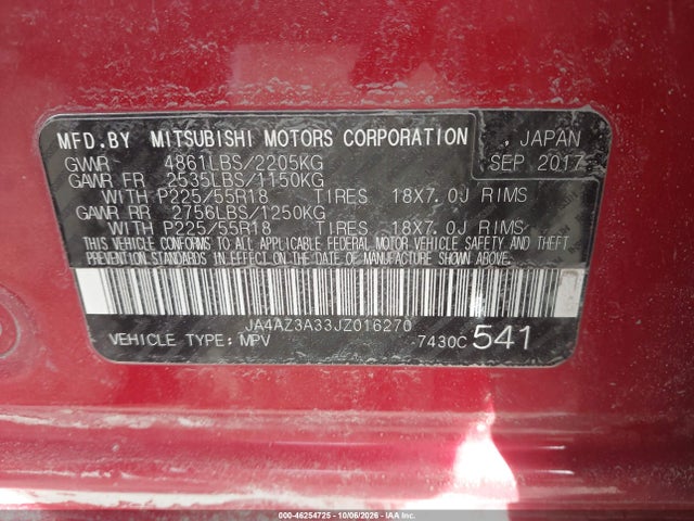 46254725 :رقم المزاد ، JA4AZ3A33JZ016270 vin ، 2018 Mitsubishi Outlander Se مزاد بيع