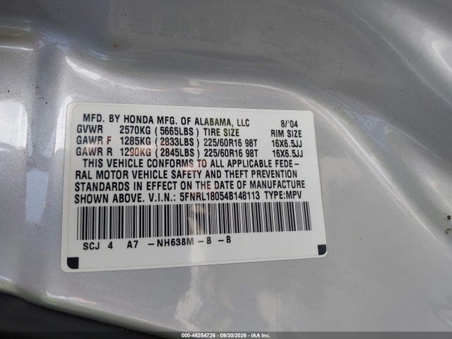 46254726 :رقم المزاد ، 5FNRL18054B148113 vin ، 2004 Honda Odyssey Ex-l مزاد بيع