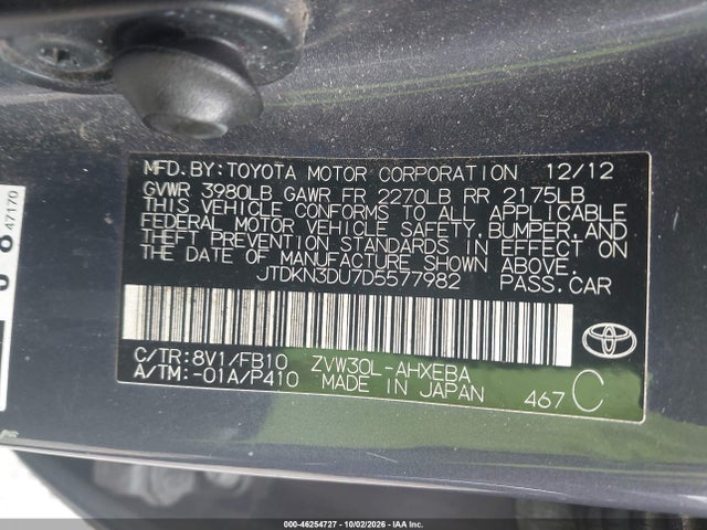 Aukcja sprzedaży 2013 Toyota Prius Two, vin: JTDKN3DU7D5577982, numer aukcji: 46254727