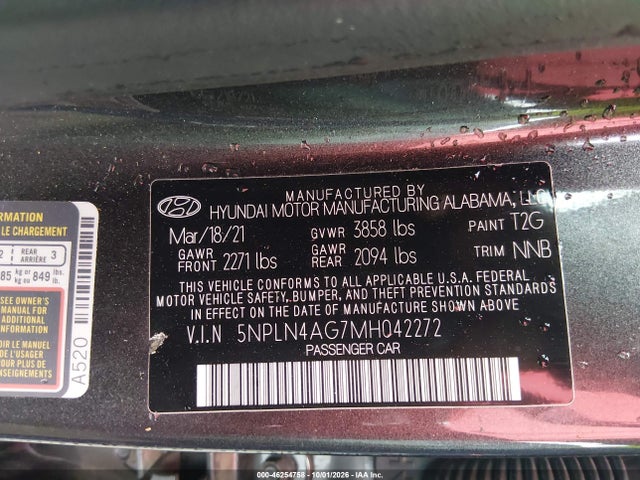 Aukcja sprzedaży 2021 Hyundai Elantra Sel, vin: 5NPLN4AG7MH042272, numer aukcji: 46254758