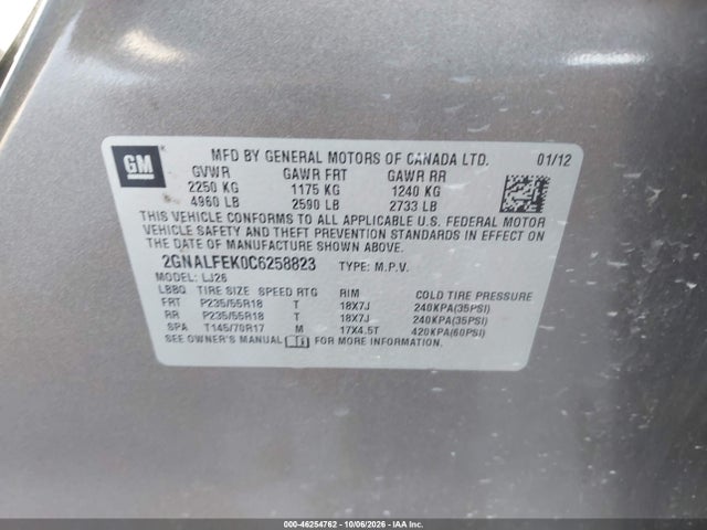 Продаж на аукціоні авто 2012 Chevrolet Equinox Ltz, vin: 2GNALFEK0C6258823, номер лоту: 46254762