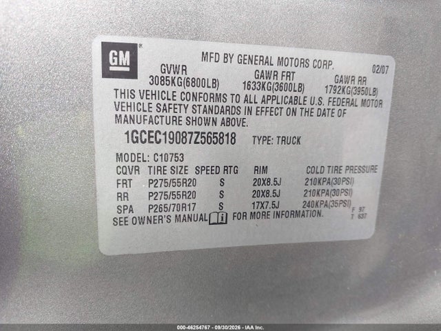 46254767 :رقم المزاد ، 1GCEC19087Z565818 vin ، 2007 Chevrolet Silverado 1500 Lt1 مزاد بيع