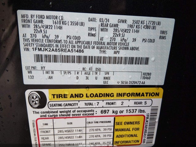 46254769 :رقم المزاد ، 1FMJK2A85REA51486 vin ، 2024 Ford Expedition Limited Max مزاد بيع