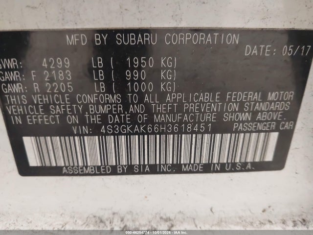 46254774 :رقم المزاد ، 4S3GKAK66H3618451 vin ، 2017 Subaru Impreza 2.0i Sport مزاد بيع
