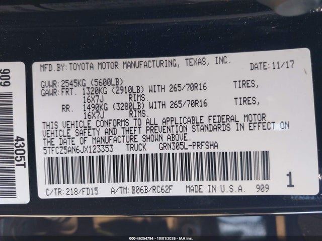 2018 Toyota Tacoma Trd Off Road მანქანა იყიდება აუქციონზე, vin: 5TFCZ5AN6JX123353, აუქციონის ნომერი: 46254794