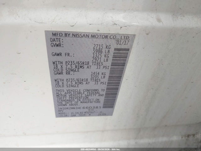 46254804 :رقم المزاد ، 5N1DR2MN3HC660385 vin ، 2017 Nissan Pathfinder S مزاد بيع