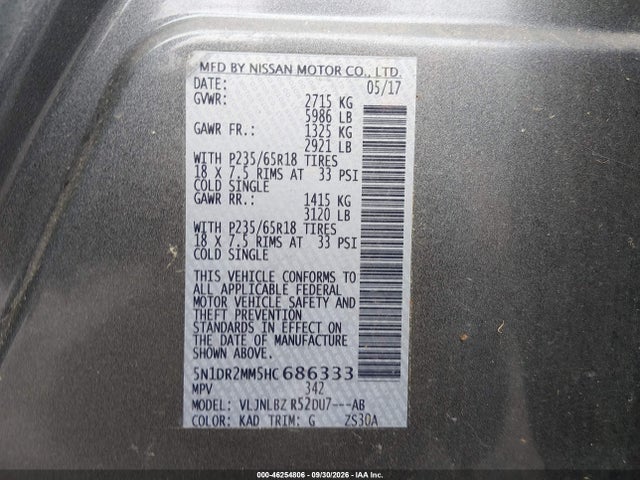 46254806 :رقم المزاد ، 5N1DR2MM5HC686333 vin ، 2017 Nissan Pathfinder S مزاد بيع