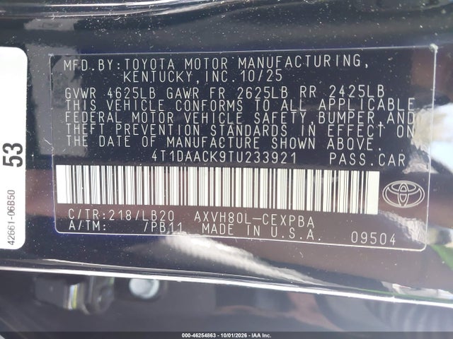 46254863 :رقم المزاد ، 4T1DAACK9TU233921 vin ، 2026 Toyota Camry Xse مزاد بيع