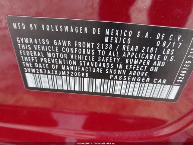 46254870 :رقم المزاد ، 3VW2B7AJXJM220566 vin ، 2018 Volkswagen Jetta 1.4t S مزاد بيع