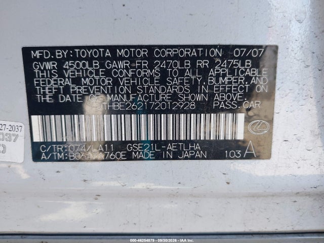 46254879 :رقم المزاد ، JTHBE262172012928 vin ، 2007 Lexus Is 350 مزاد بيع