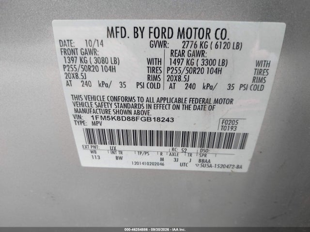 Продажа на аукционе авто 2015 Ford Explorer Xlt, vin: 1FM5K8D88FGB18243, номер лота: 46254886