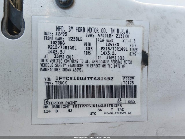 Продажа на аукционе авто 1996 Ford Ranger, vin: 1FTCR10U3TTA31452, номер лота: 46254900