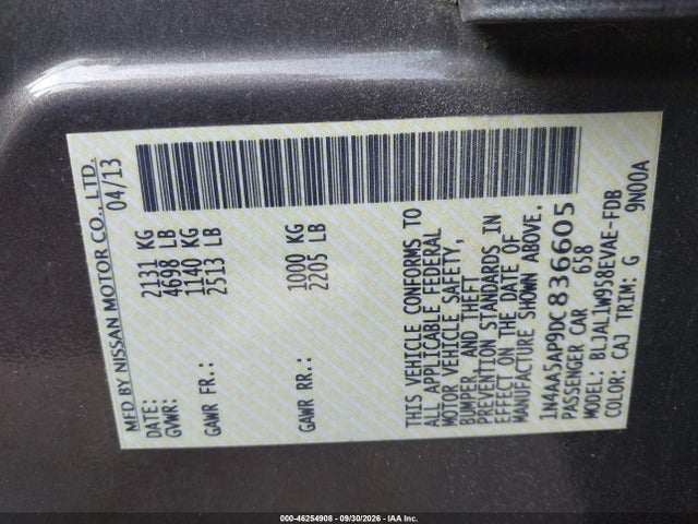2013 Nissan Maxima 3.5 Sv მანქანა იყიდება აუქციონზე, vin: 1N4AA5AP9DC836605, აუქციონის ნომერი: 46254908