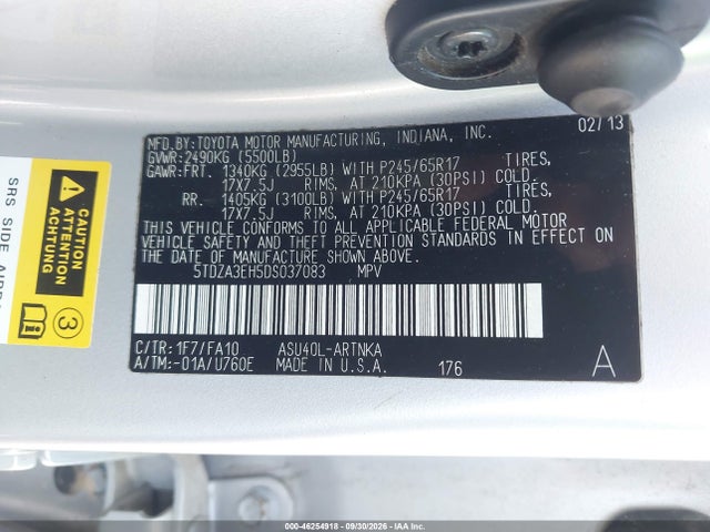 Aukcja sprzedaży 2013 Toyota Highlander Base Plus, vin: 5TDZA3EH5DS037083, numer aukcji: 46254918