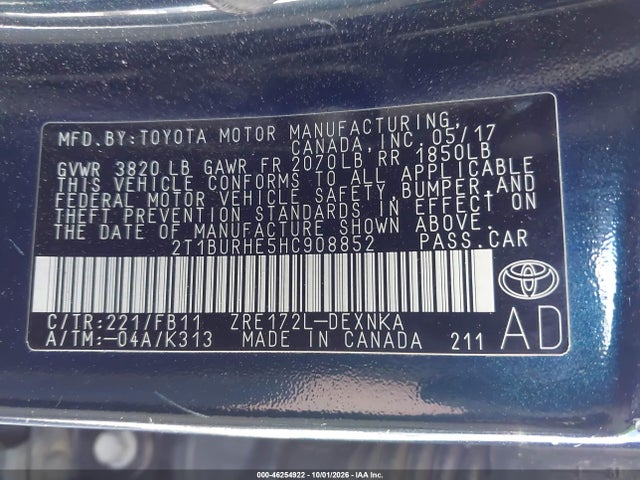 2017 Toyota Corolla Le მანქანა იყიდება აუქციონზე, vin: 2T1BURHE5HC908852, აუქციონის ნომერი: 46254922