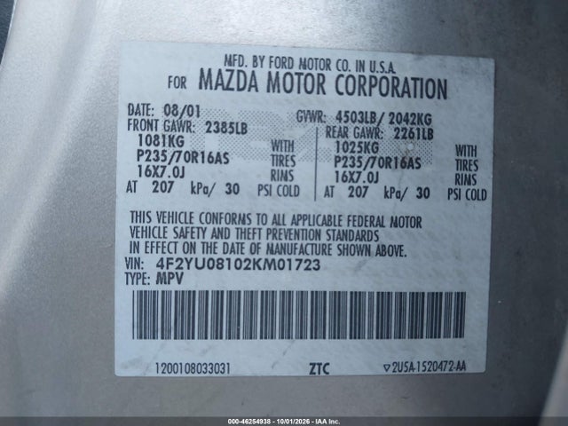 Auction sale of the 2002 Mazda Tribute Es V6/lx V6, vin: 4F2YU08102KM01723, lot number: 46254938