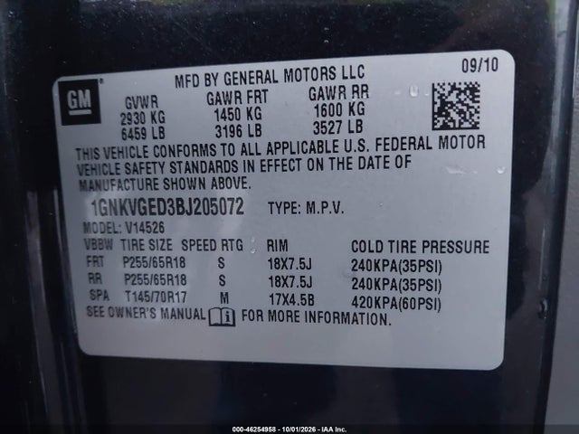 Продажа на аукционе авто 2011 Chevrolet Traverse 1lt, vin: 1GNKVGED3BJ205072, номер лота: 46254958