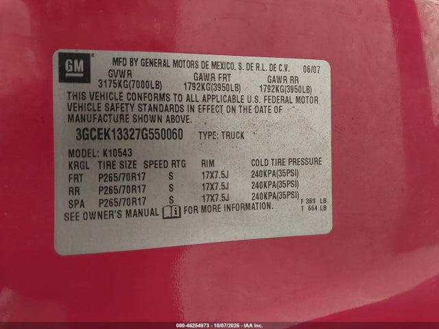 Aukcja sprzedaży 2007 Chevrolet Silverado 1500 Lt1, vin: 3GCEK13327G550060, numer aukcji: 46254973