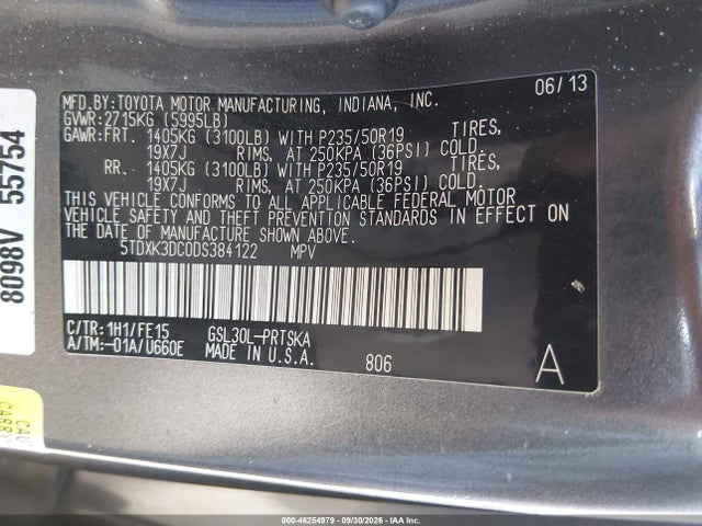 2013 Toyota Sienna Se 8 Passenger მანქანა იყიდება აუქციონზე, vin: 5TDXK3DC0DS384122, აუქციონის ნომერი: 46254979
