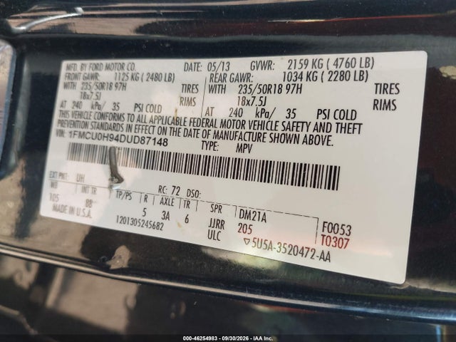 46254983 :رقم المزاد ، 1FMCU0H94DUD87148 vin ، 2013 Ford Escape Sel مزاد بيع