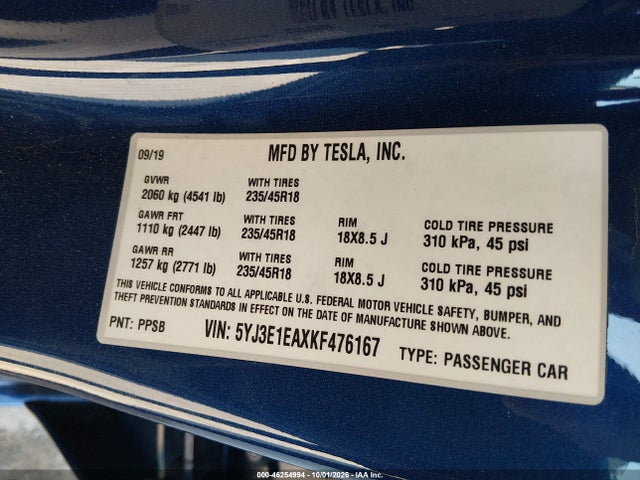 46254994 :رقم المزاد ، 5YJ3E1EAXKF476167 vin ، 2019 Tesla Model 3 Long Range/mid Range/standard Range/standard Range Plus مزاد بيع