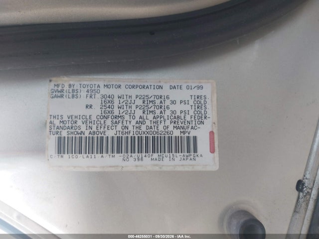46255031 :رقم المزاد ، JT6HF10UXX0062260 vin ، 1999 Lexus Rx 300 مزاد بيع