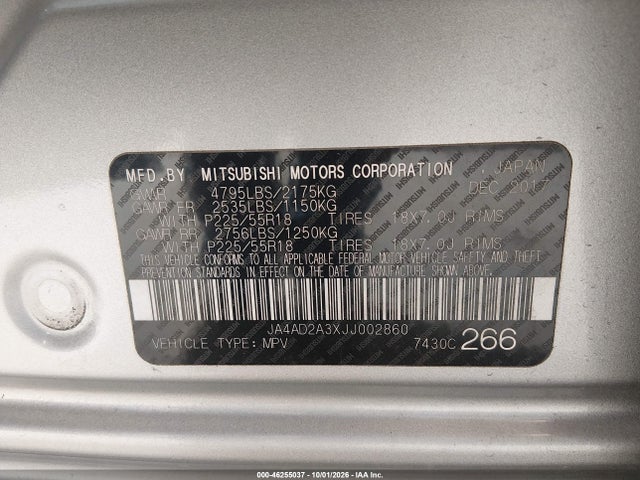 Aukcja sprzedaży 2018 Mitsubishi Outlander Es, vin: JA4AD2A3XJJ002860, numer aukcji: 46255037