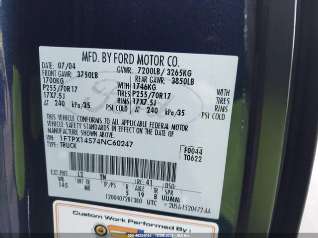 2004 Ford F-150 Fx4/lariat/xl/xlt მანქანა იყიდება აუქციონზე, vin: 1FTPX14574NC60247, აუქციონის ნომერი: 46255064