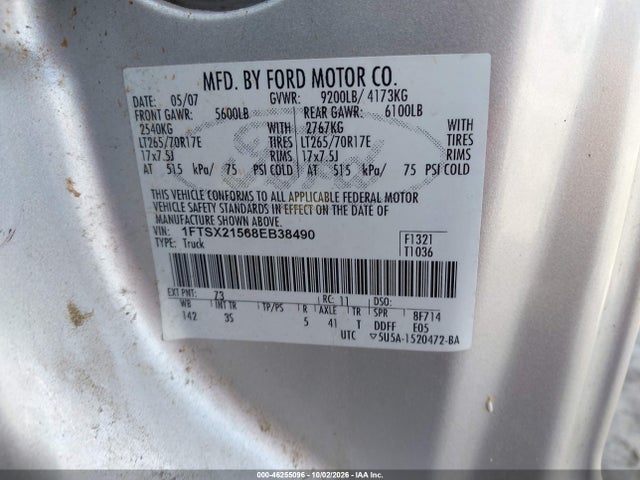 Продажа на аукционе авто 2008 Ford F-250 Fx4/lariat/xl/xlt, vin: 1FTSX21568EB38490, номер лота: 46255096