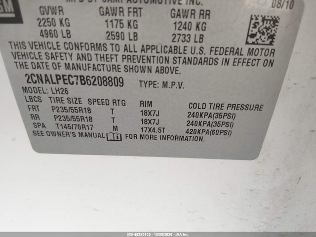 Aukcja sprzedaży 2011 Chevrolet Equinox 2lt, vin: 2CNALPEC7B6208809, numer aukcji: 46255105
