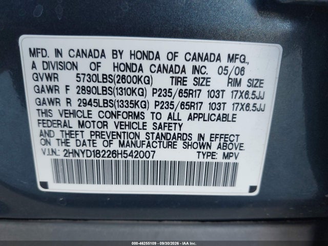 2006 Acura Mdx მანქანა იყიდება აუქციონზე, vin: 2HNYD18226H542007, აუქციონის ნომერი: 46255109