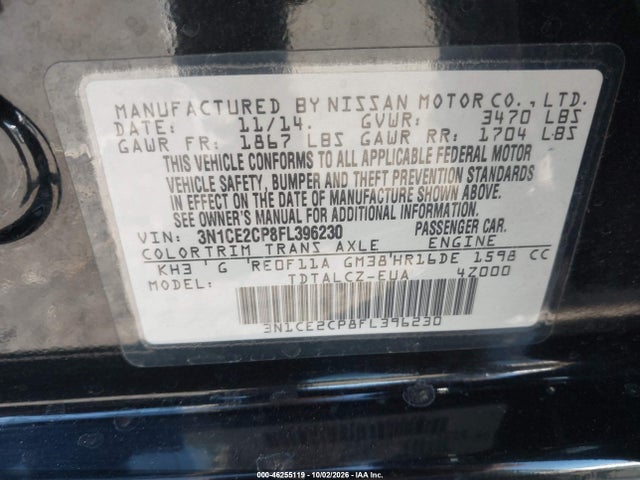 Продаж на аукціоні авто 2015 Nissan Versa Note S Plus, vin: 3N1CE2CP8FL396230, номер лоту: 46255119