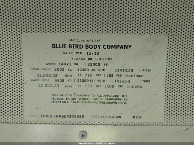 Blue Bird School Bus / Transit Bus 2014 1BABLCPA6EF304688 Image 9