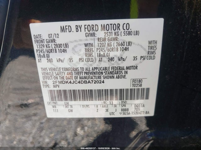 46255137 :رقم المزاد ، 2FMDK4JC4DBA72024 vin ، 2013 Ford Edge Sel مزاد بيع