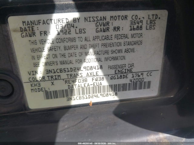 Продажа на аукционе авто 2004 Nissan Sentra 1.8s, vin: 3N1CB51D24L908418, номер лота: 46255145