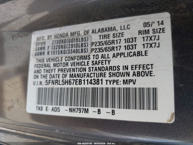 46255165 :رقم المزاد ، 5FNRL5H67EB114381 vin ، 2014 Honda Odyssey Ex-l مزاد بيع