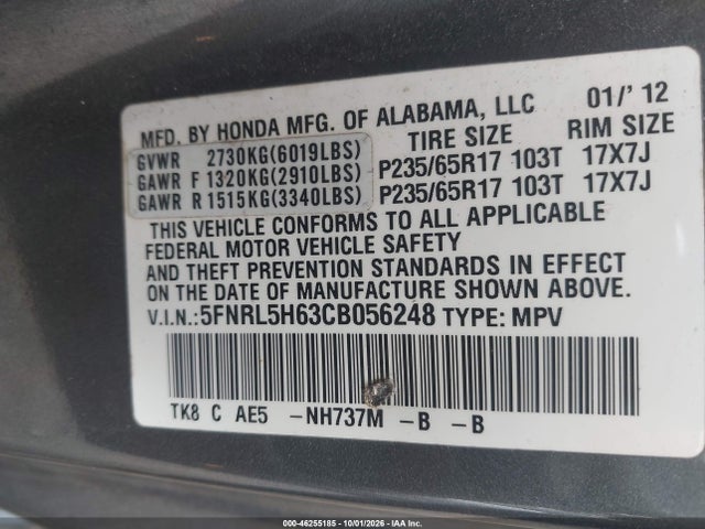 Продаж на аукціоні авто 2012 Honda Odyssey Ex-l, vin: 5FNRL5H63CB056248, номер лоту: 46255185