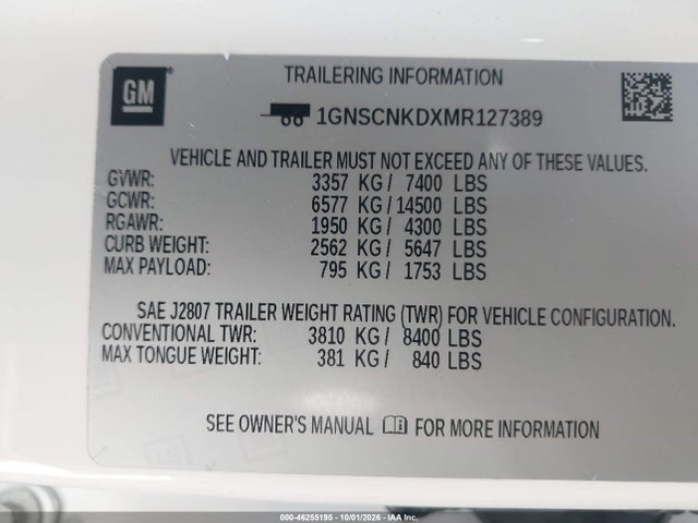 Aukcja sprzedaży 2021 Chevrolet Tahoe 2wd Lt, vin: 1GNSCNKDXMR127389, numer aukcji: 46255195