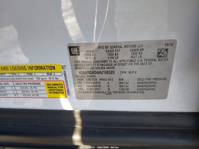 Продаж на аукціоні авто 2017 Chevrolet Traverse 1lt, vin: 1GNKRGKD4HJ168020, номер лоту: 46255231