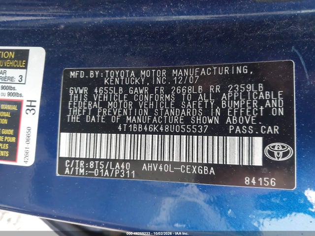 46255233 :رقم المزاد ، 4T1BB46K48U055537 vin ، 2008 Toyota Camry Hybrid مزاد بيع