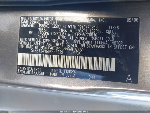 Продажа на аукционе авто 2006 Toyota Tundra Sr5 V8, vin: 5TBET34166S533339, номер лота: 46255244
