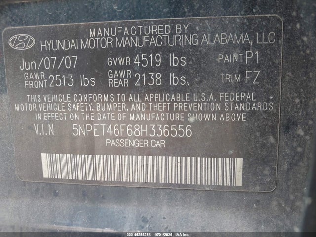 Продаж на аукціоні авто 2008 Hyundai Sonata Gls V6, vin: 5NPET46F68H336556, номер лоту: 46255258