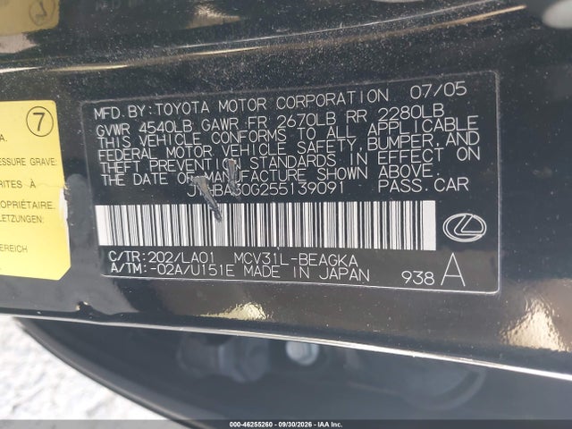 46255260 :رقم المزاد ، JTHBA30G255139091 vin ، 2005 Lexus Es 330 مزاد بيع